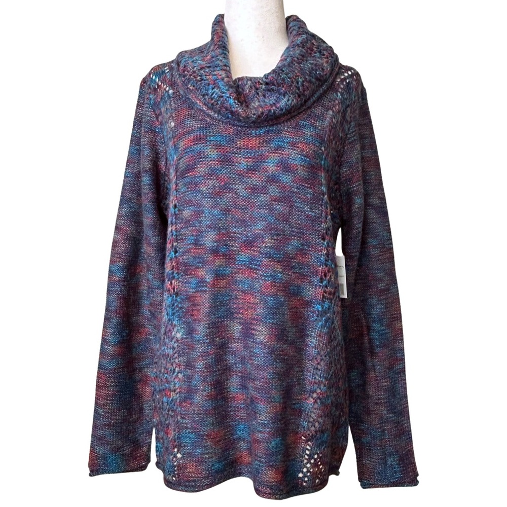 NWT North River Outfitters Knit Cowl Neck Crochet Sweater - Size M - Blue, Red